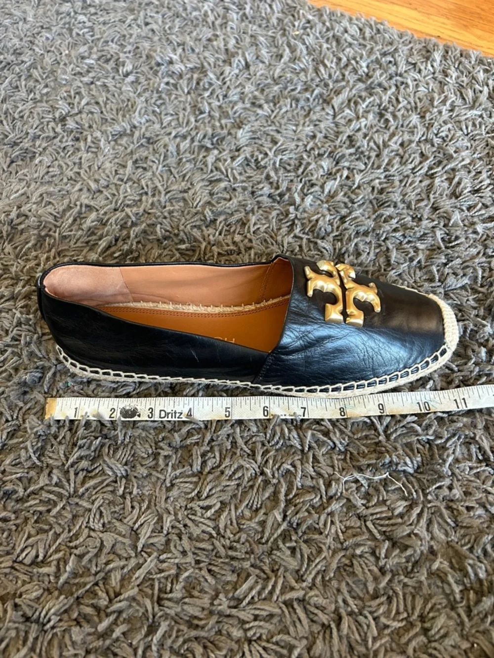 Tory Burch ELEANOR ESPADRILLE Black Leather Espadrille Flats with Gold Logo